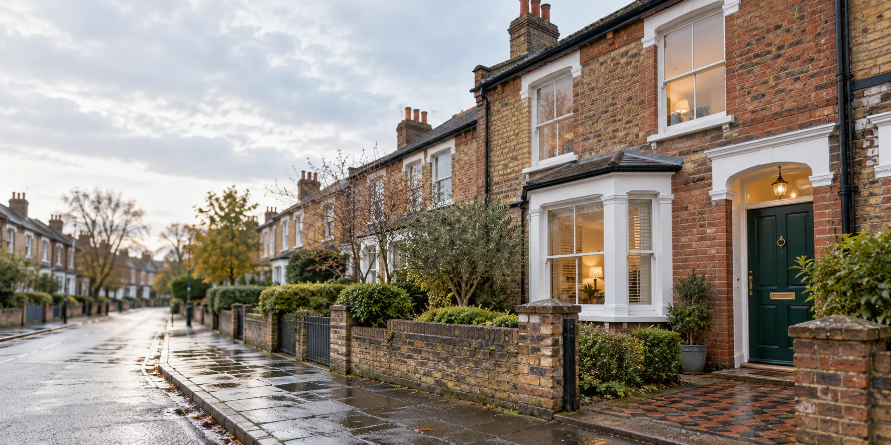 An illustrative row of ordinary English terraced houses after rain