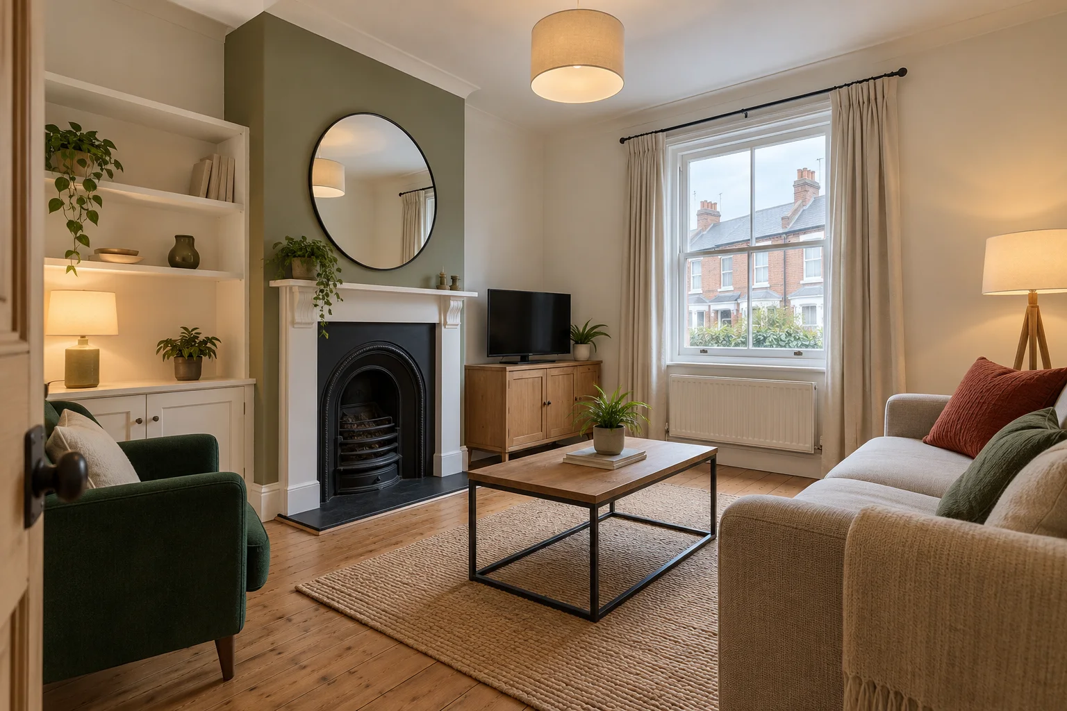 Illustrative living room with neutral walls, timber floor and a view to a small garden